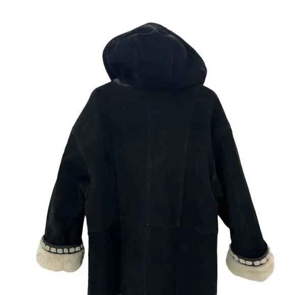 Vintage Sin by Morgan Cooper Black Suede Faux Fur Hooded Trench Coat Jacket L - Picture 8 of 16